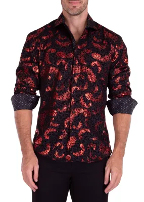 Shiny Feather Print Long Sleeve Dress Shirt Black