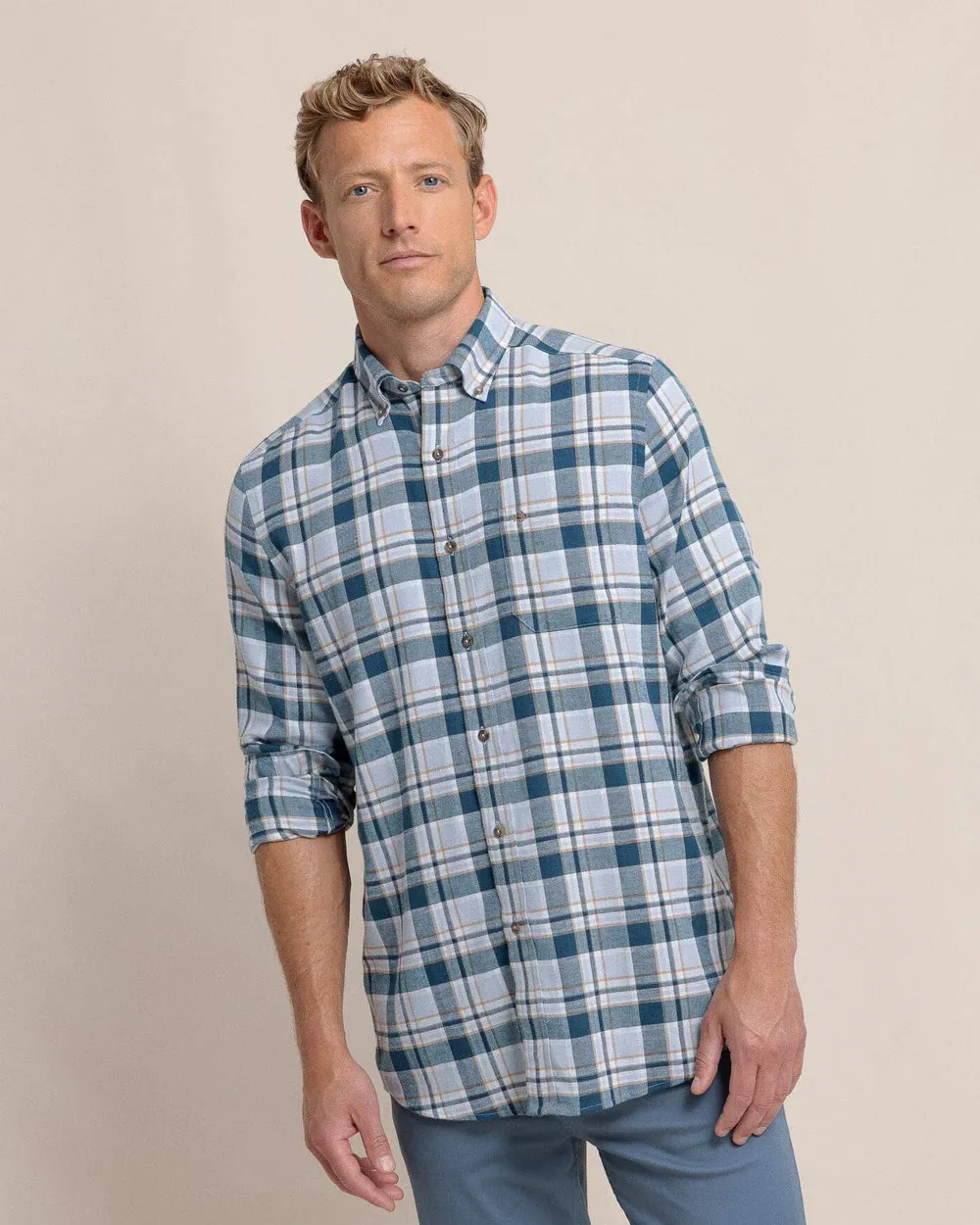 Sweetgrass Plaid Beach Flannel Sport Shirt (Teal Haze)