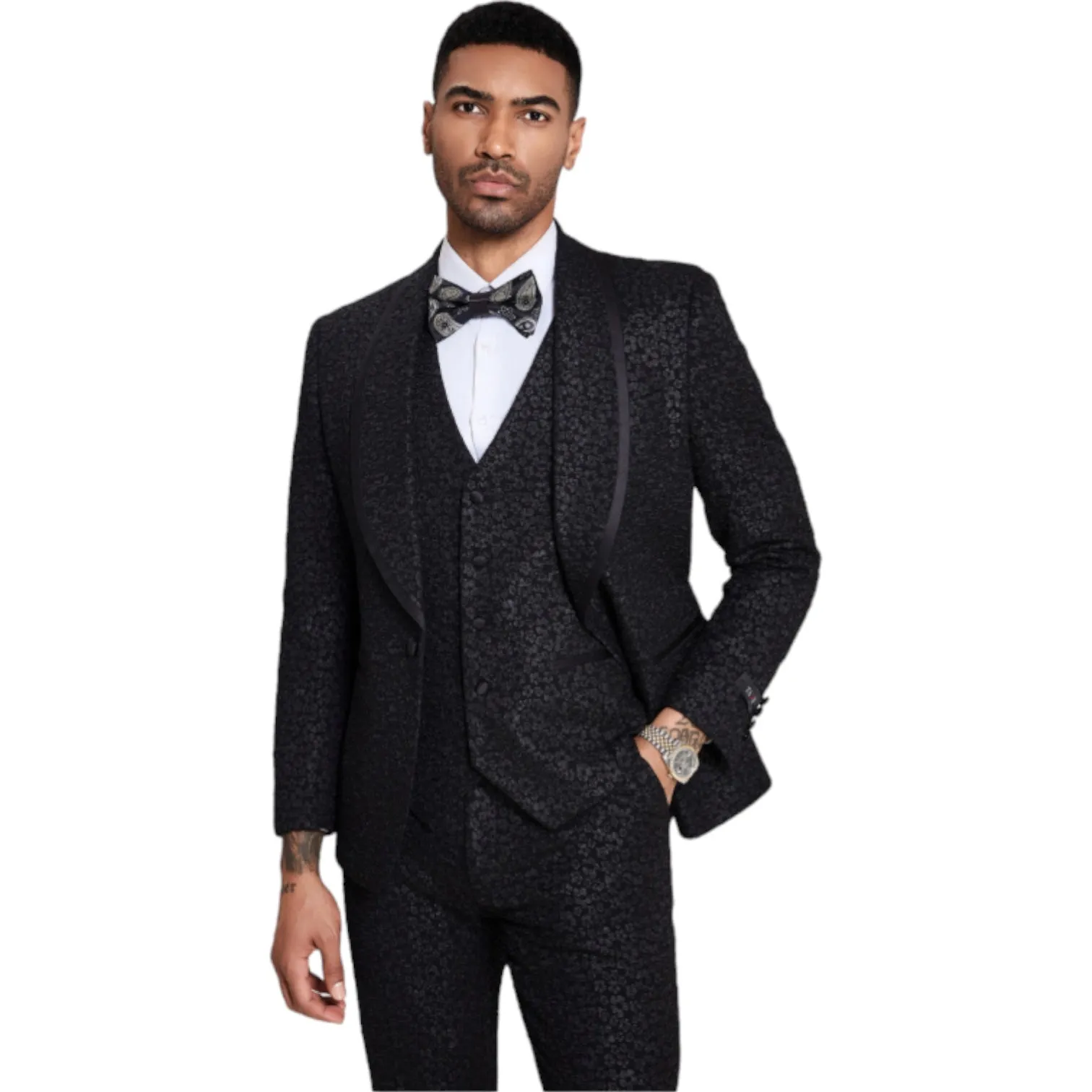 TAZZIO: Textured 3pc Skinny Fit Suit M411SK