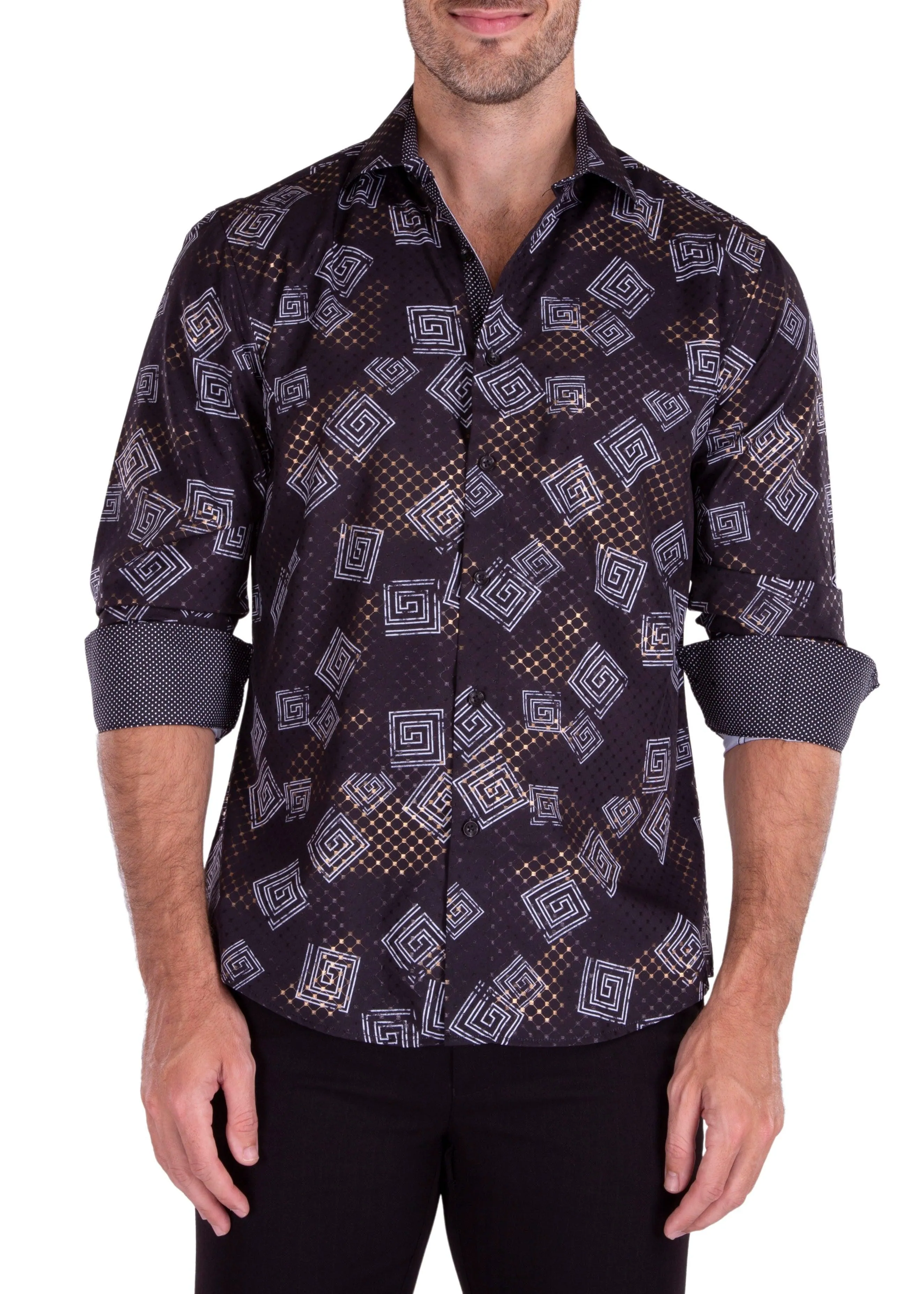 Wild Greek Key Long Sleeve Dress Shirt Black