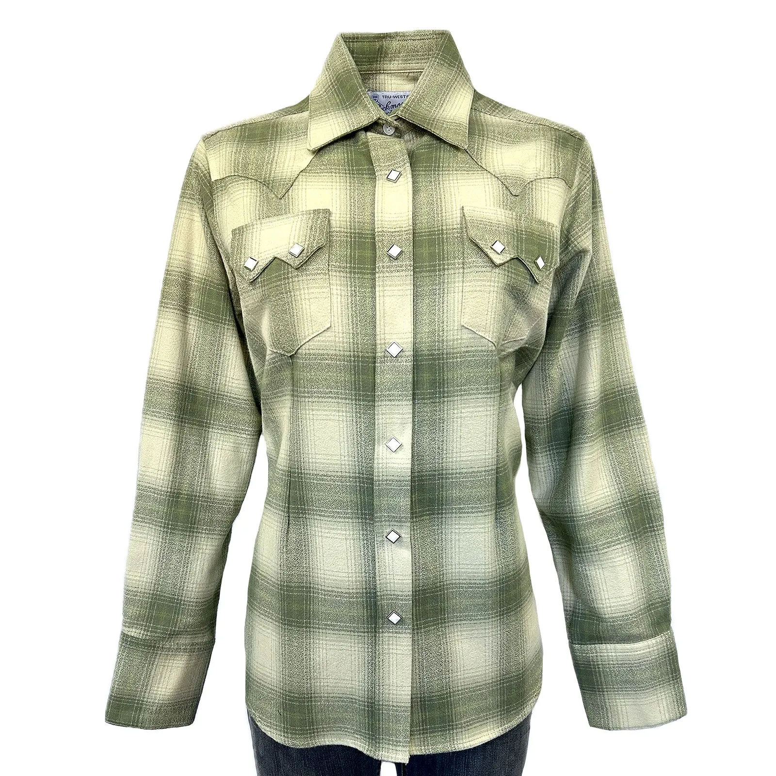 Women's Plush Green & White Shadow Plaid Flannel Western Shirt